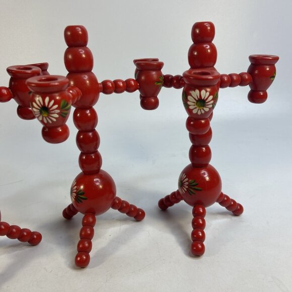 Swedish Traditional Bobbin Candle Holders 3 Arm Hand Painted Wood Red Set of 3 - Picture 6 of 10